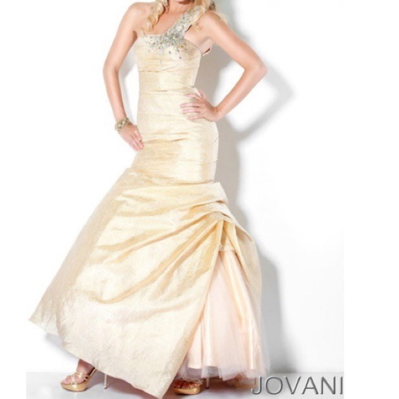 Jovani Gold One Shoulder Dress with Ruffled Slit